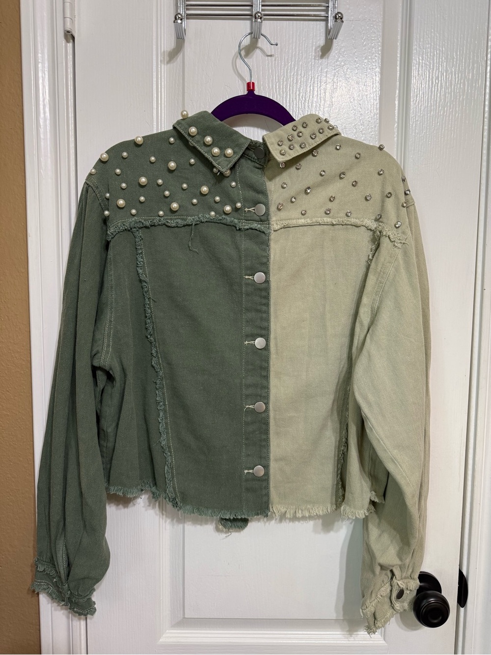 H207 POL L pp22 Two-Tone Olive & Sage Pearl-Studded Denim Jacket Top - Picture 6 of 10